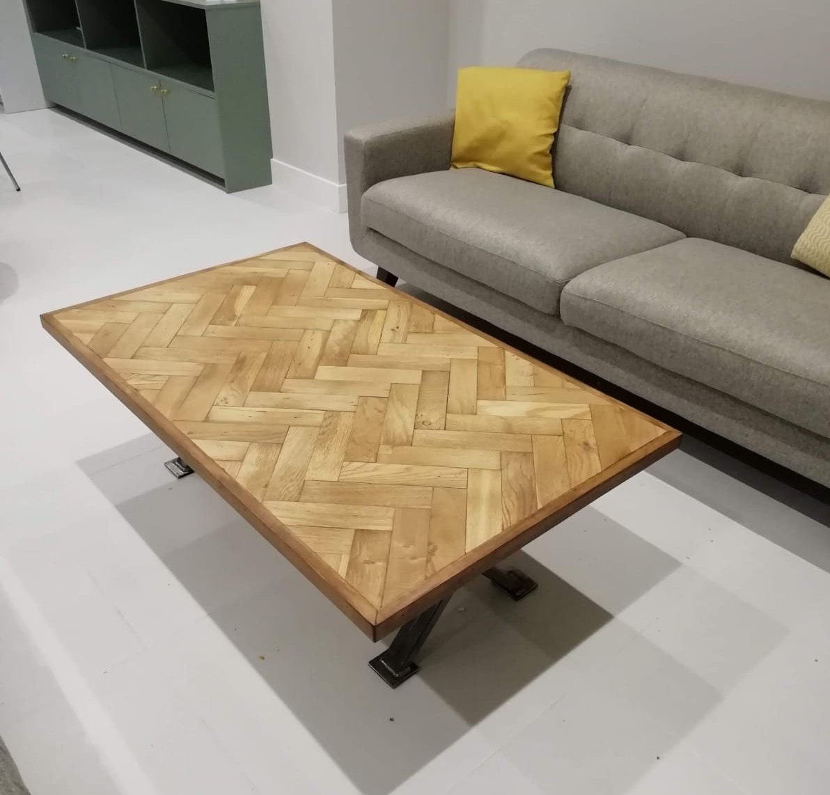 Reclaimed Oak Parquet Flooring Coffee Table with Industrial Metal Legs
