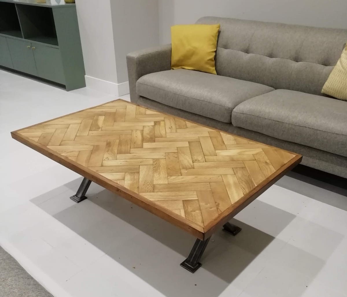 Reclaimed Oak Parquet Flooring Coffee Table with Industrial Metal Legs