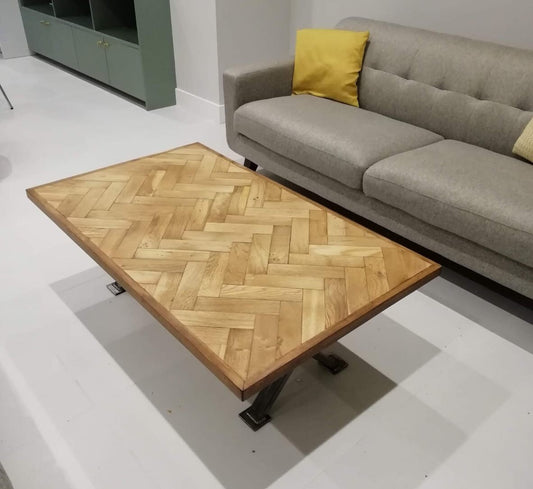 Reclaimed Oak Parquet Flooring Coffee Table with Industrial Metal Legs