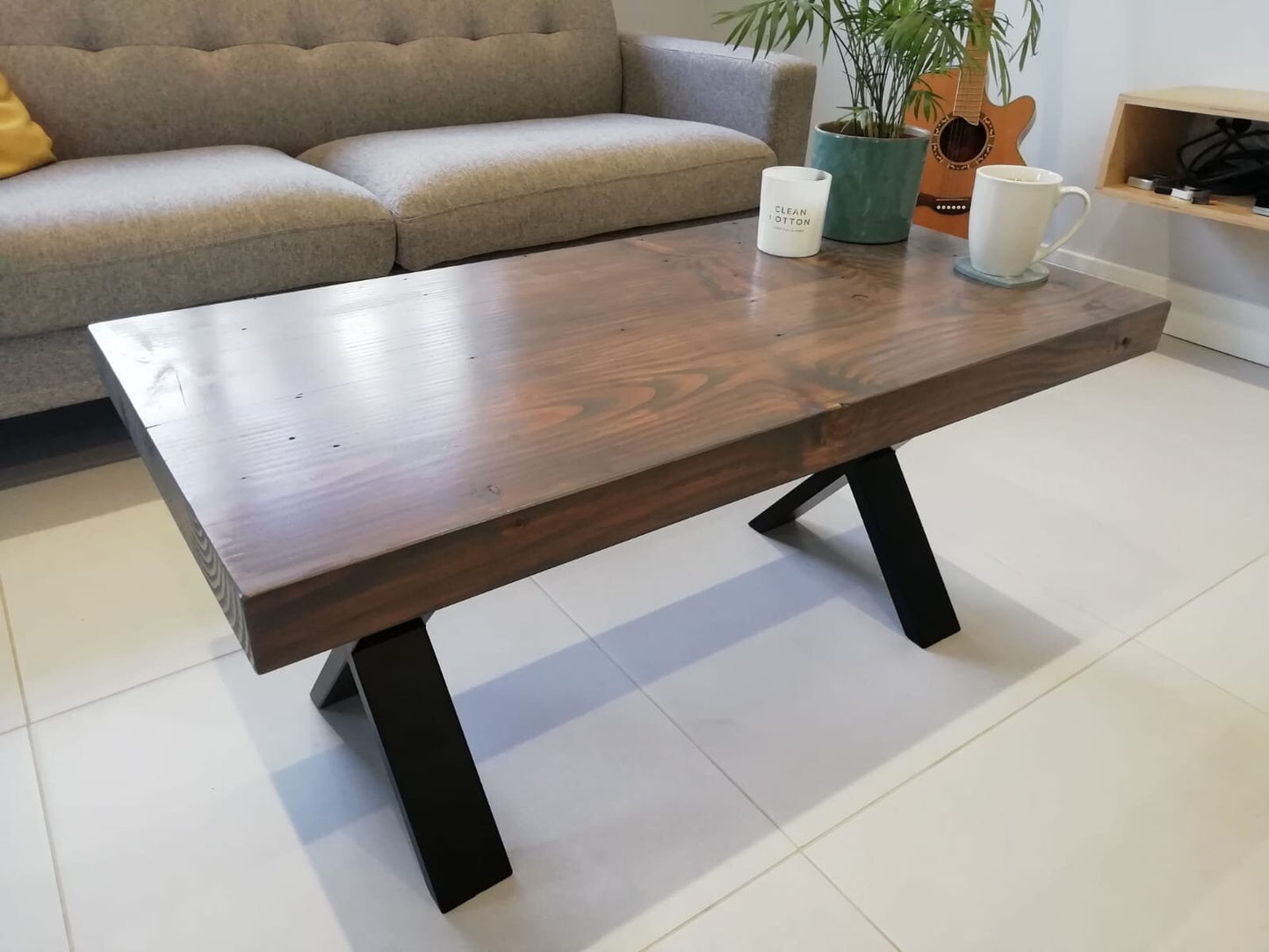 Reclaimed Redwood Chunky Coffee Table Graphite Stain Customised Size to Order Handmade in the UK